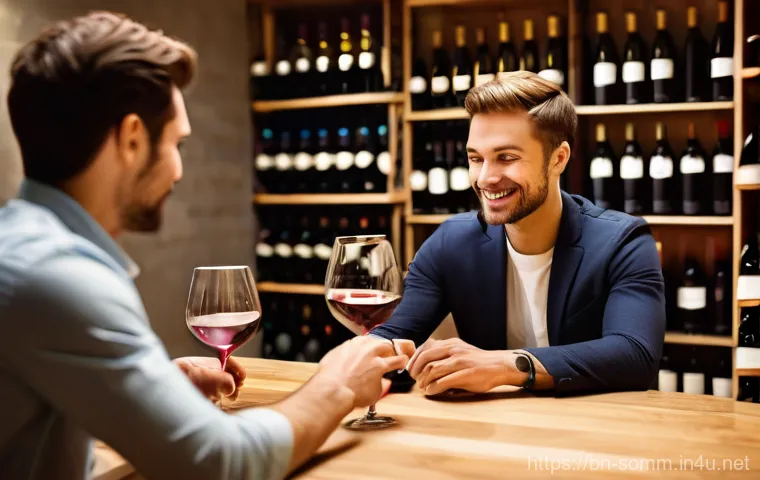 소믈리에가 추천하는 와인 앱 - 2 stars), the wine's name, region, and a brief summary of reviews. The person's expression is one of...