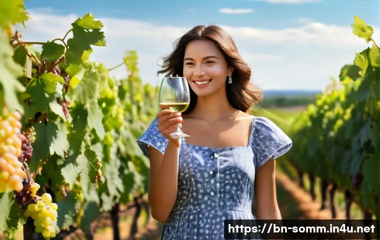 소믈리에가 사용하는 와인 용어집 - **A young woman in her early 20s, wearing a stylish sundress and sandals, standing in a sun-drenched...
