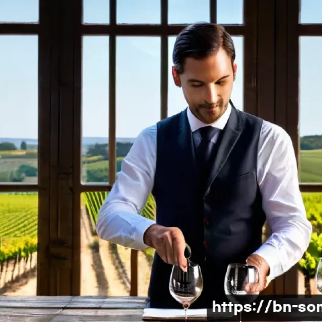 소믈리에 경력 개발 계획 - A professional sommelier at an elegant wine tasting event in Burgundy, France, attentively pouring r...
