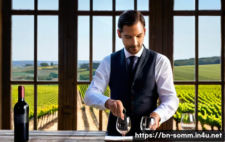 소믈리에 경력 개발 계획 - A professional sommelier at an elegant wine tasting event in Burgundy, France, attentively pouring r...