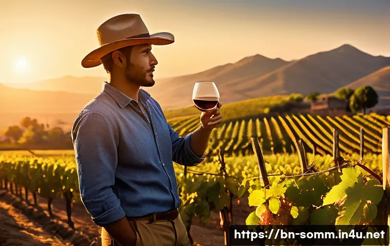 와인 산지별 특성과 맛의 차이 - A scenic vineyard landscape in Latin America featuring sandy and rocky soil under a warm sunset sky,...
