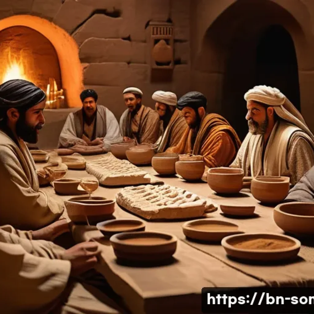 와인 문화와 역사 탐구 - A vibrant and detailed scene of an ancient Mesopotamian banquet featuring people dressed in traditio...