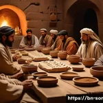 와인 문화와 역사 탐구 - A vibrant and detailed scene of an ancient Mesopotamian banquet featuring people dressed in traditio...