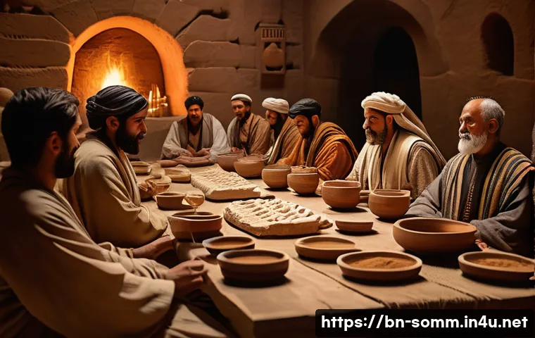 와인 문화와 역사 탐구 - A vibrant and detailed scene of an ancient Mesopotamian banquet featuring people dressed in traditio...
