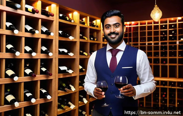 소믈리에 실무 교육 프로그램 추천 - A professional Bengali sommelier in a stylish wine cellar, attentively explaining the subtle taste d...
