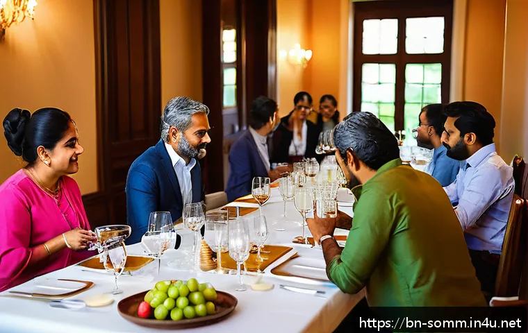 소믈리에 실습용 와인 선택 팁 - A sophisticated training session setting featuring a diverse group of Bengali professionals seated a...